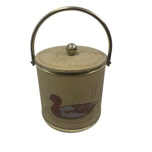 Vintage 1970s Mallard Duck 10" Tall Ice Bucket w Handle Tongs and Lid